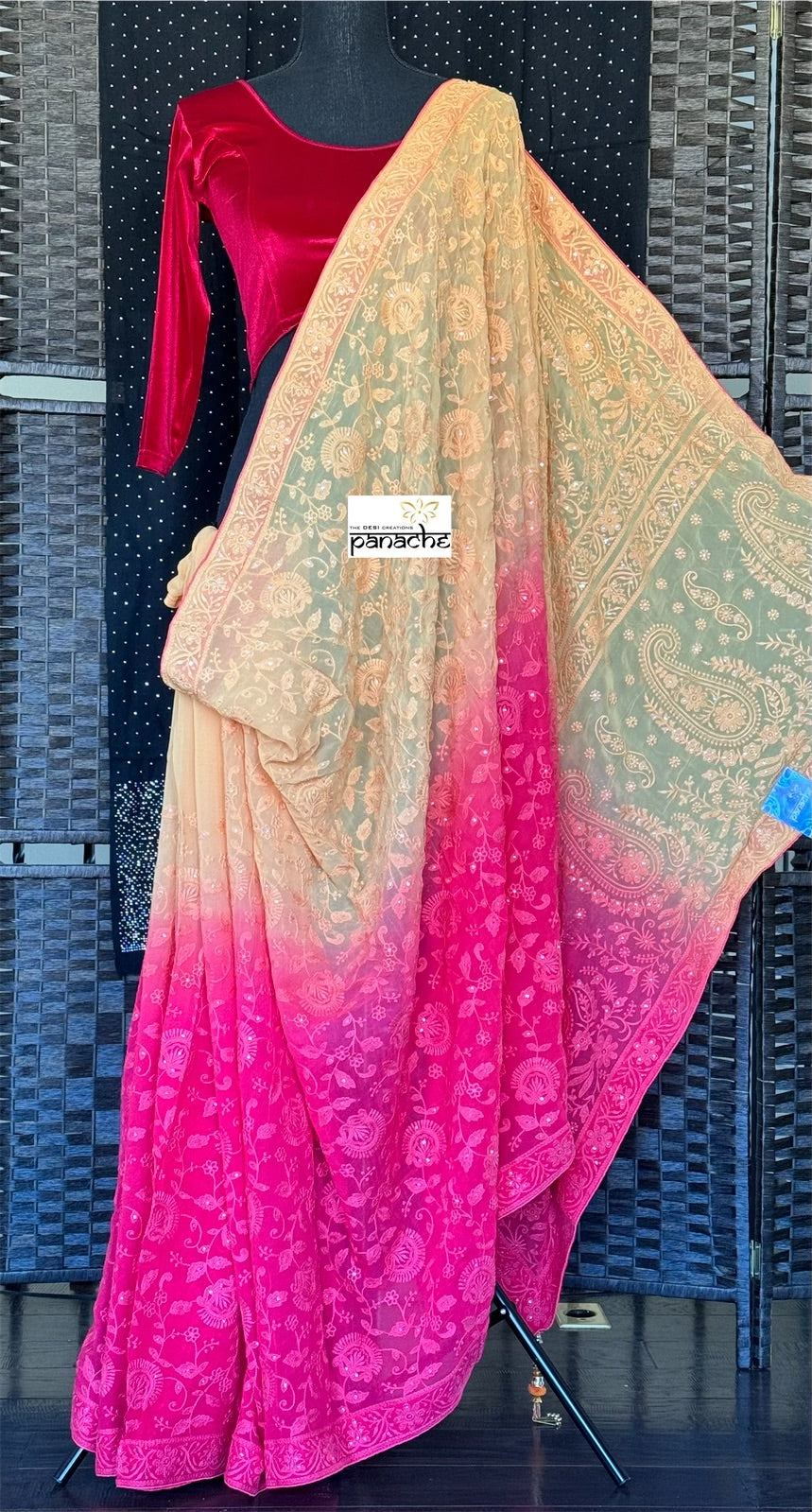 Designer Geogette Chikankari - Peach Orange Pink shaded