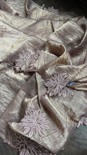Designer Crushed Tissue Silk - Bronze Brown Appliqué Embroidered
