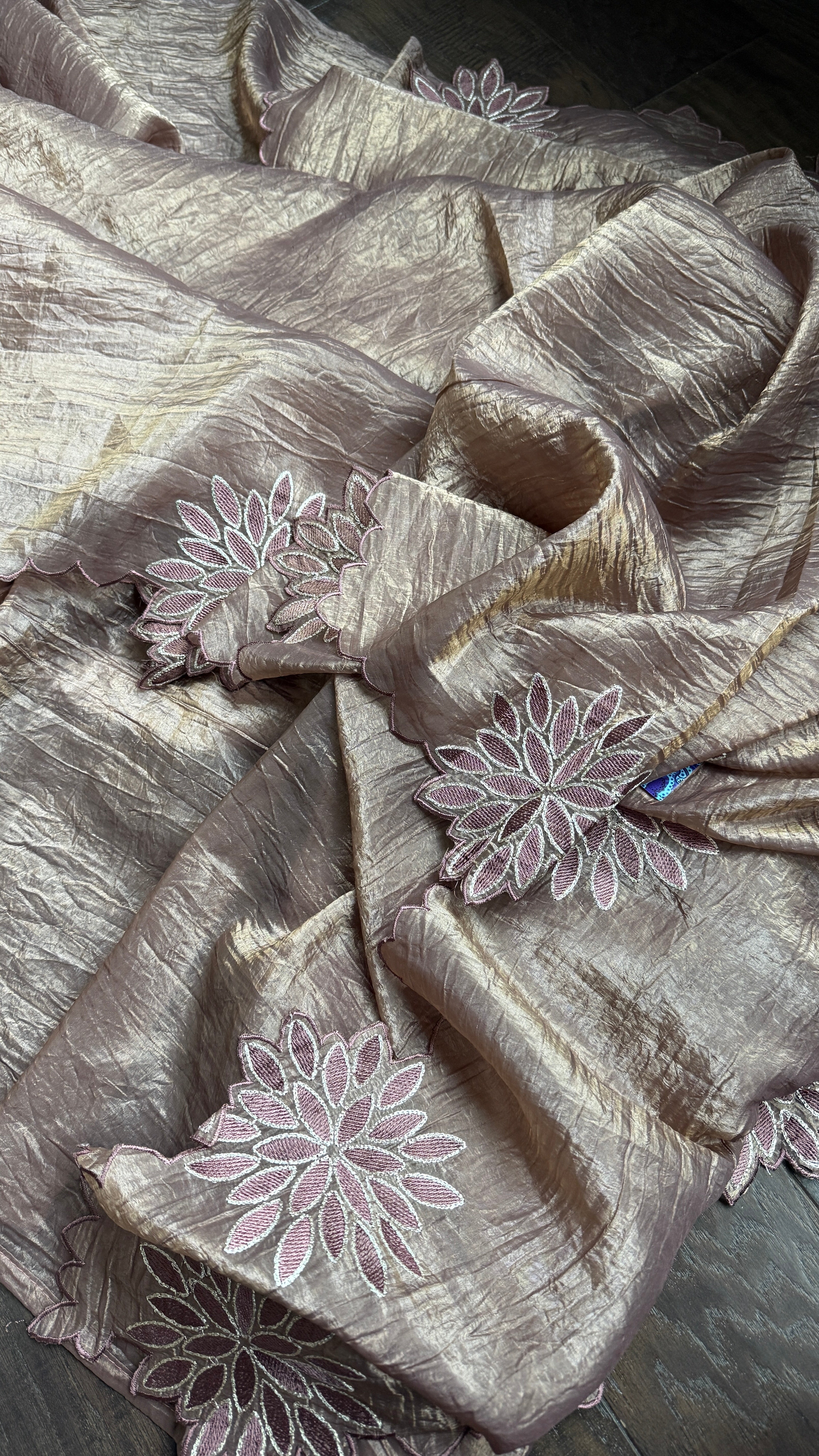 Designer Crushed Tissue Silk - Bronze Brown Appliqué Embroidered