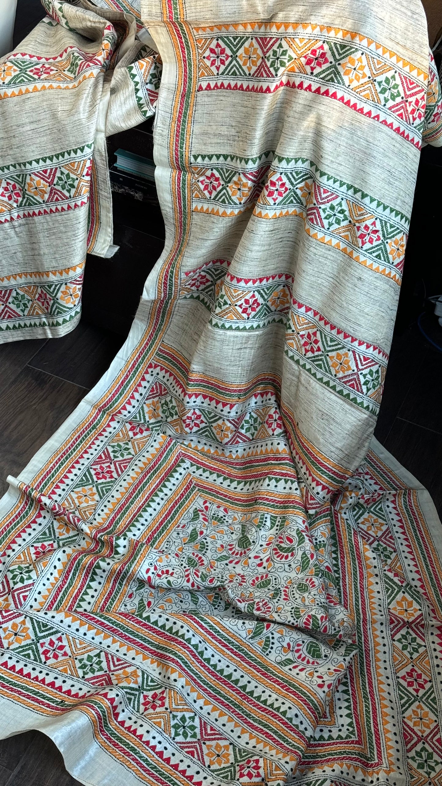 Pure Tussar Silk Kantha Stitch - Beige Multi color