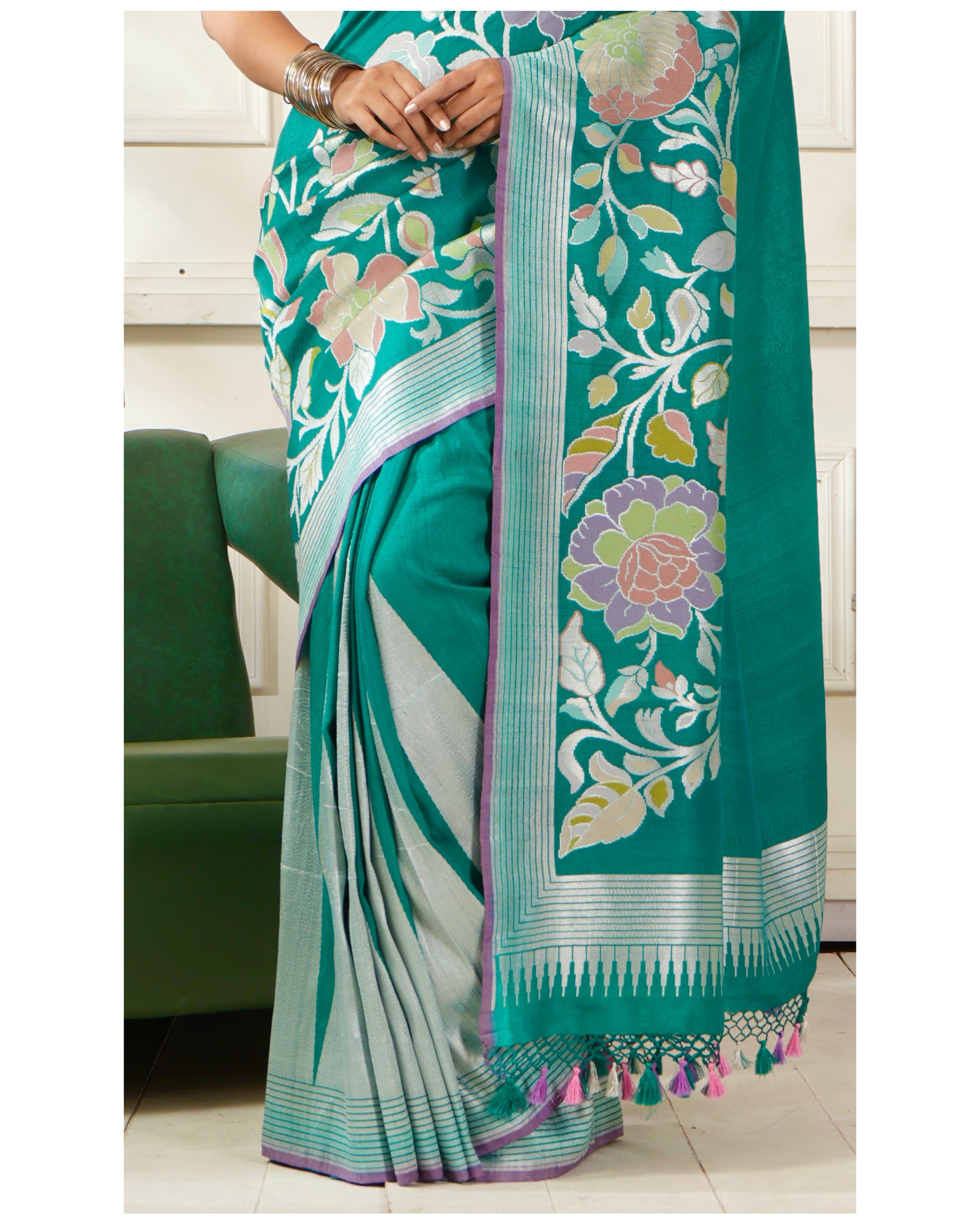 Khaddi Tussar Banarasi - Teal Blue Meenakari