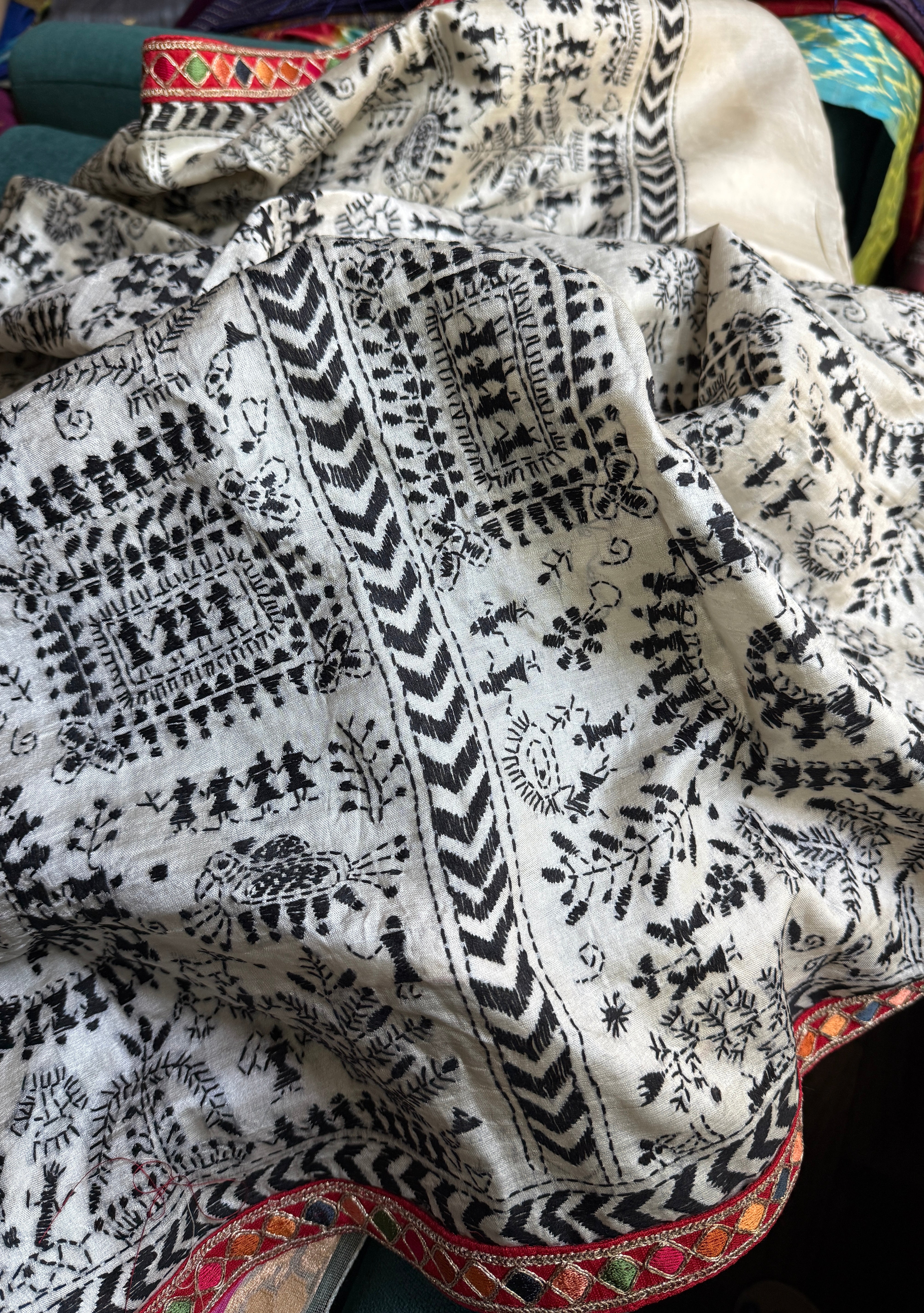 Designer Pure Tussar Silk Kantha Stitch -  Beige Worli Art