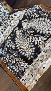 Chinori Silk Kalamkari  - Dusty white Black Elephant