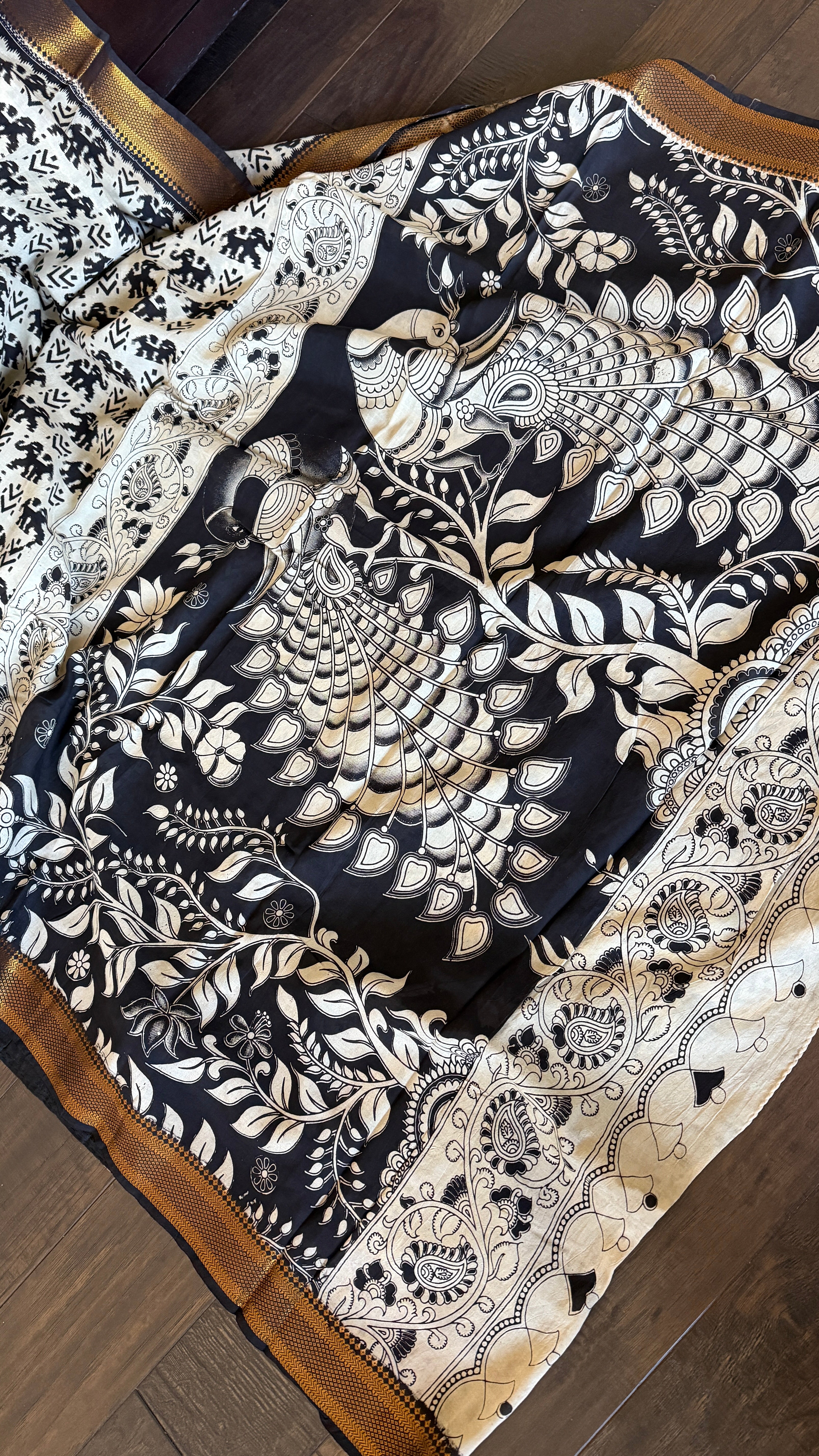 Chinori Silk Kalamkari  - Dusty white Black Elephant