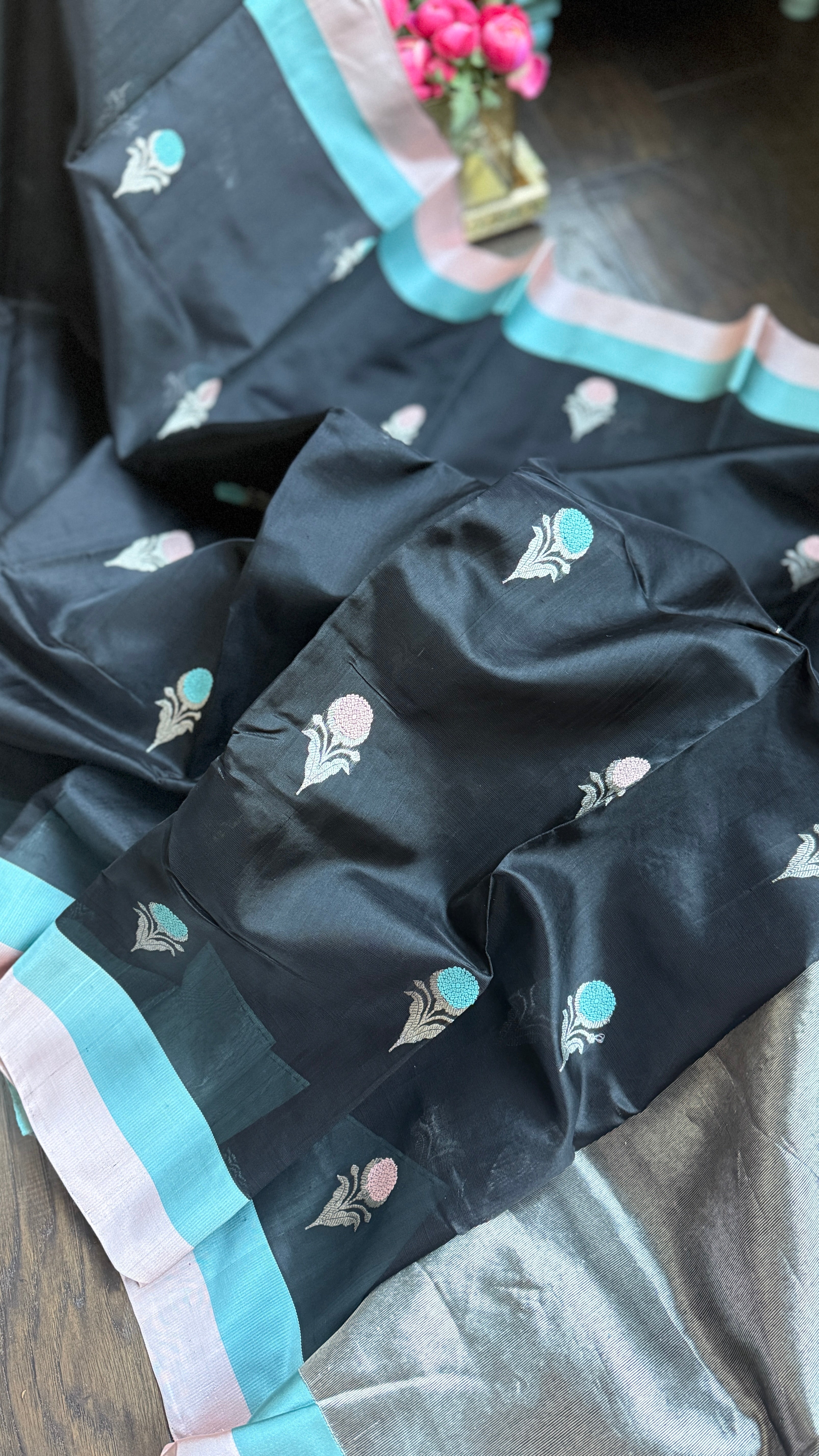 Pure Chanderi Pattu Silk - Black Peach Firozi Eknaliya