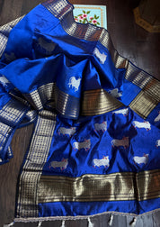 Pure Chanderi Pattu Silk - Blue Nandi Eknaliya