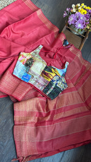 Handwoven Tussar Silk - Red Golden Zari