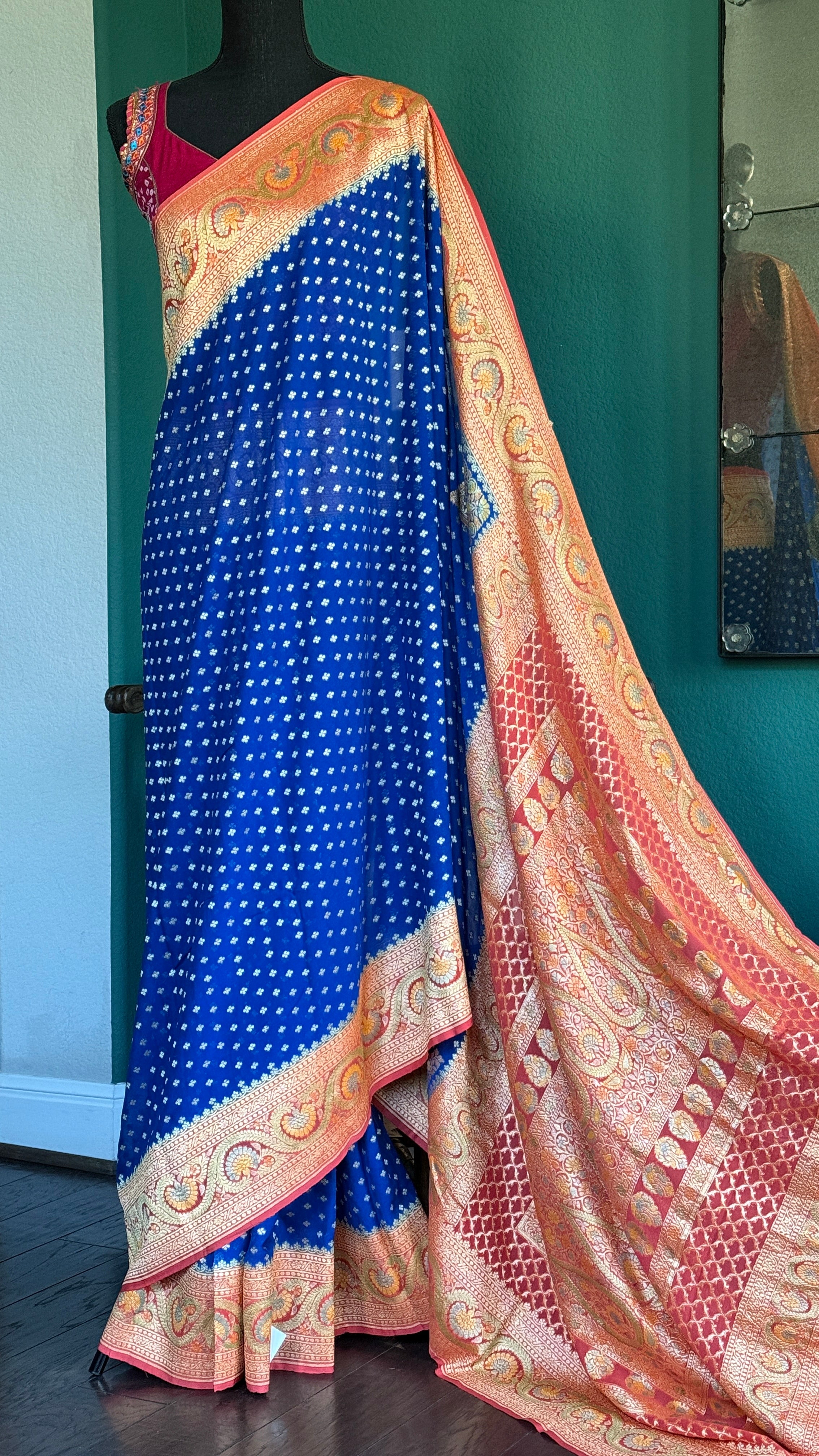 Khaddi Georgette Banarasi - Blue Peach Orange Hand Brush Painted
