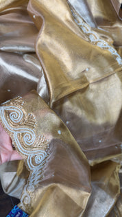 Designer Tissue Silk - Silver Golden Embroidered
