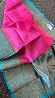 Tussar Silk Banarasi - Magenta Pink Firozi Antique Zari