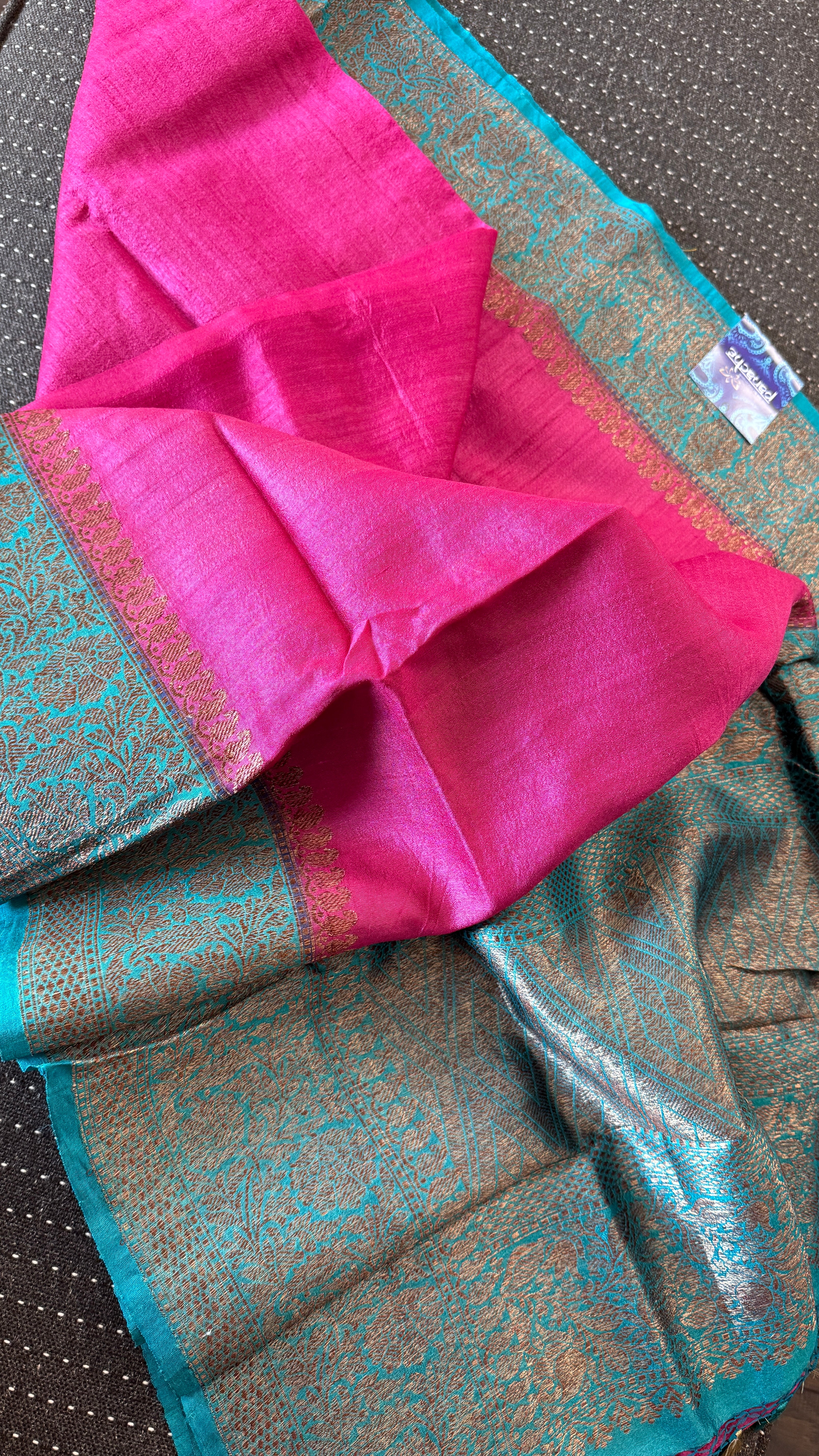 Tussar Silk Banarasi - Magenta Pink Firozi Antique Zari