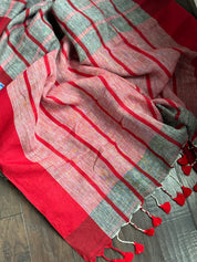 Linen Jamdaani - Grey Red Woven