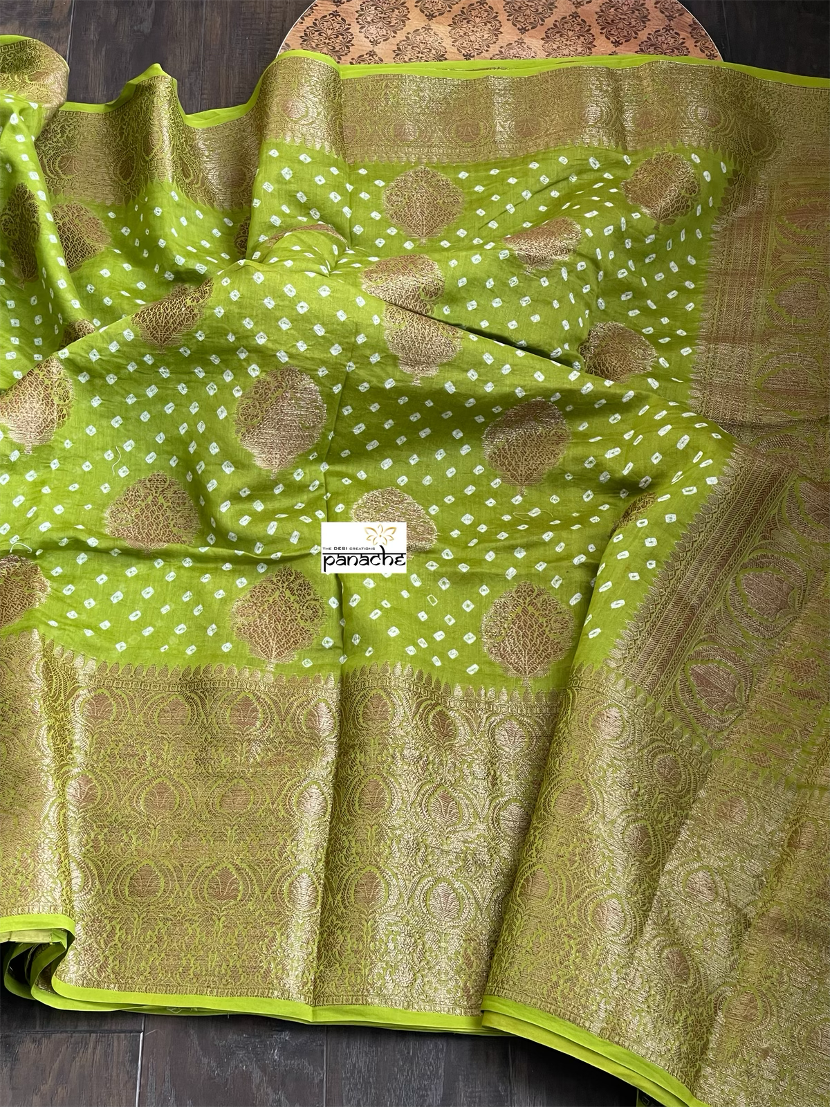 Silk Cotton Bandhani Banaras Chanderi - Green Gold Zari