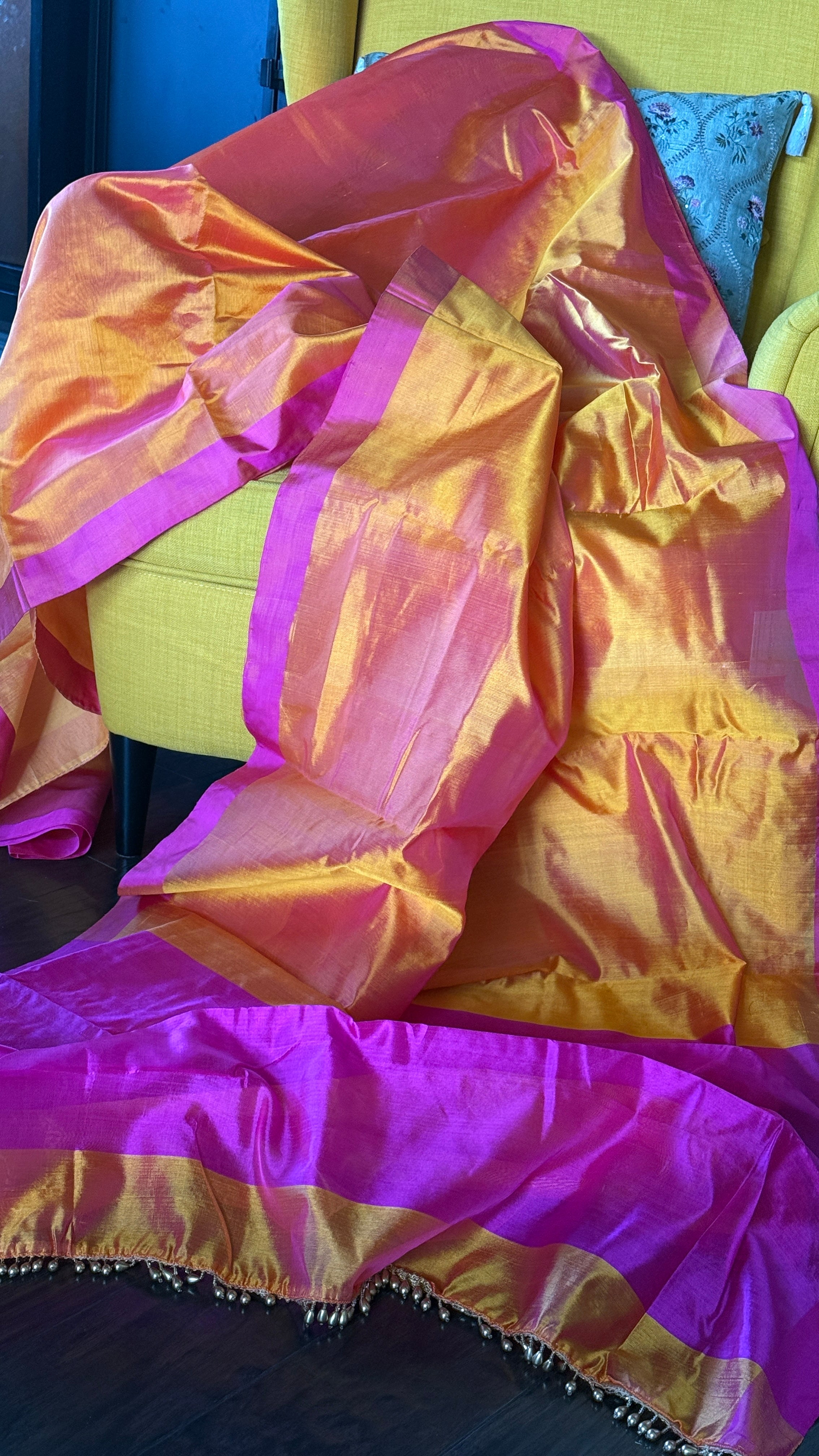 Pure Chanderi Pattu Silk - Sunrise Orange Pink