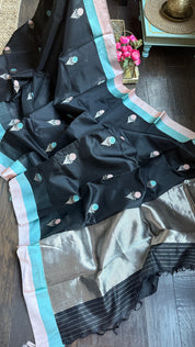 Pure Chanderi Pattu Silk - Black Peach Firozi Eknaliya
