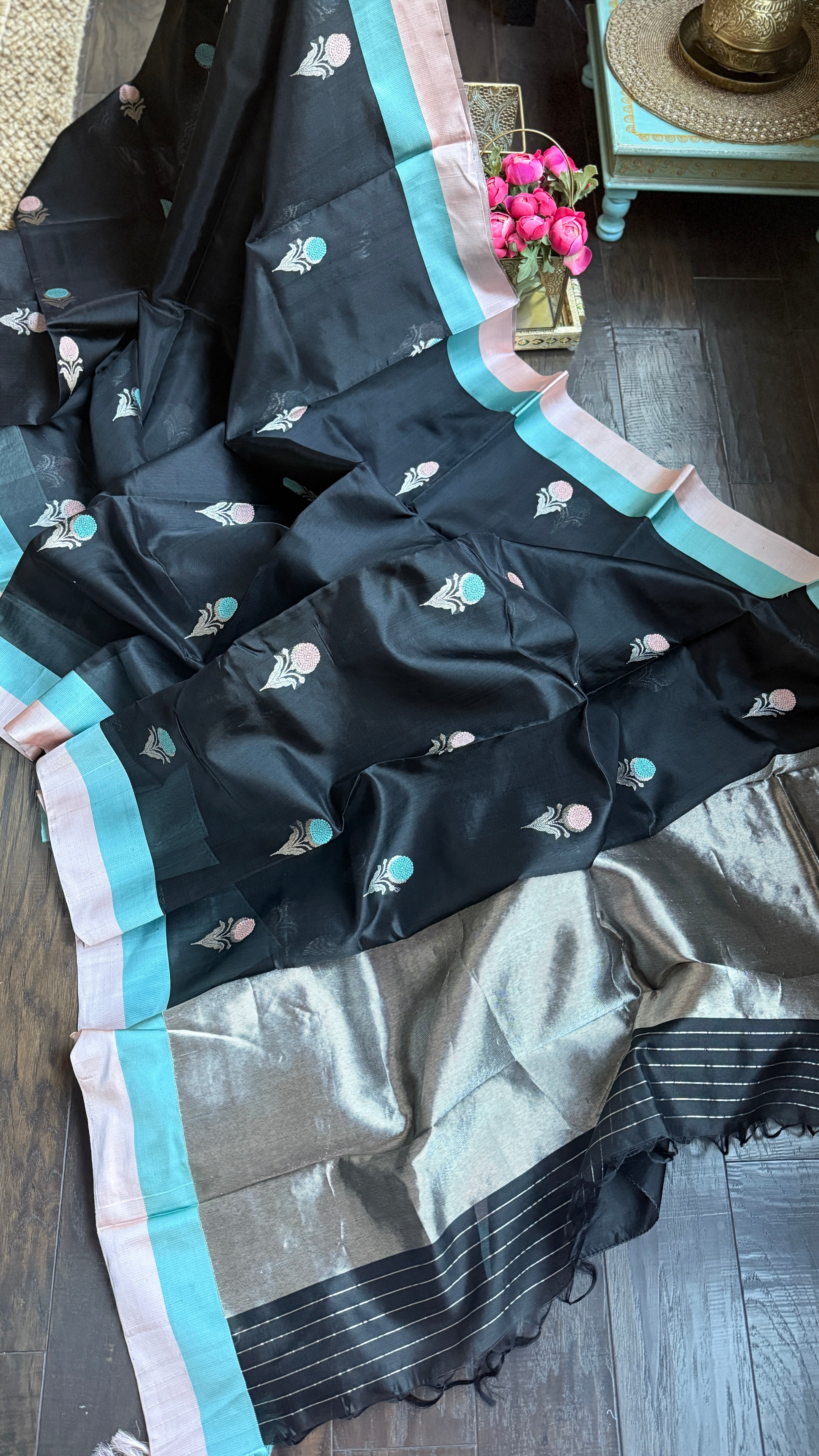Pure Chanderi Pattu Silk - Black Peach Firozi Eknaliya