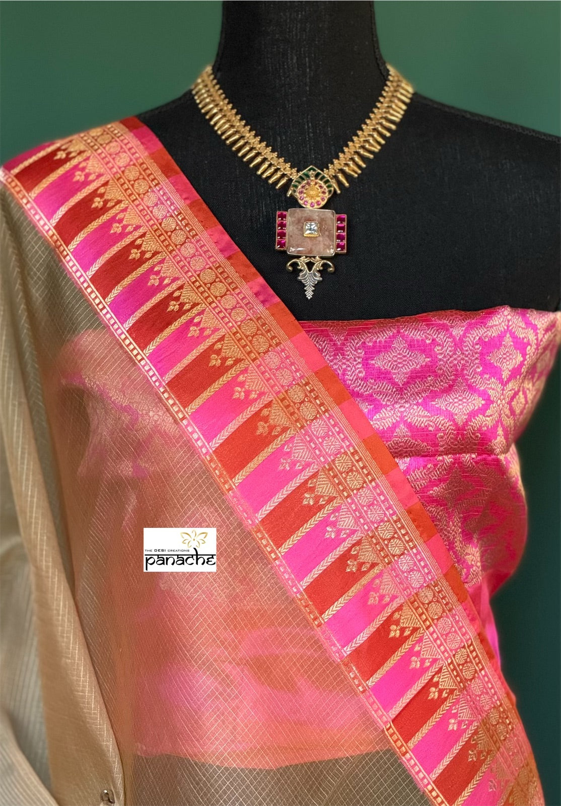 Organza Katan Silk Banarasi -  Tan Pink Orange Checkered