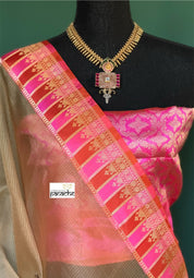 Organza Katan Silk Banarasi -  Tan Pink Orange Checkered