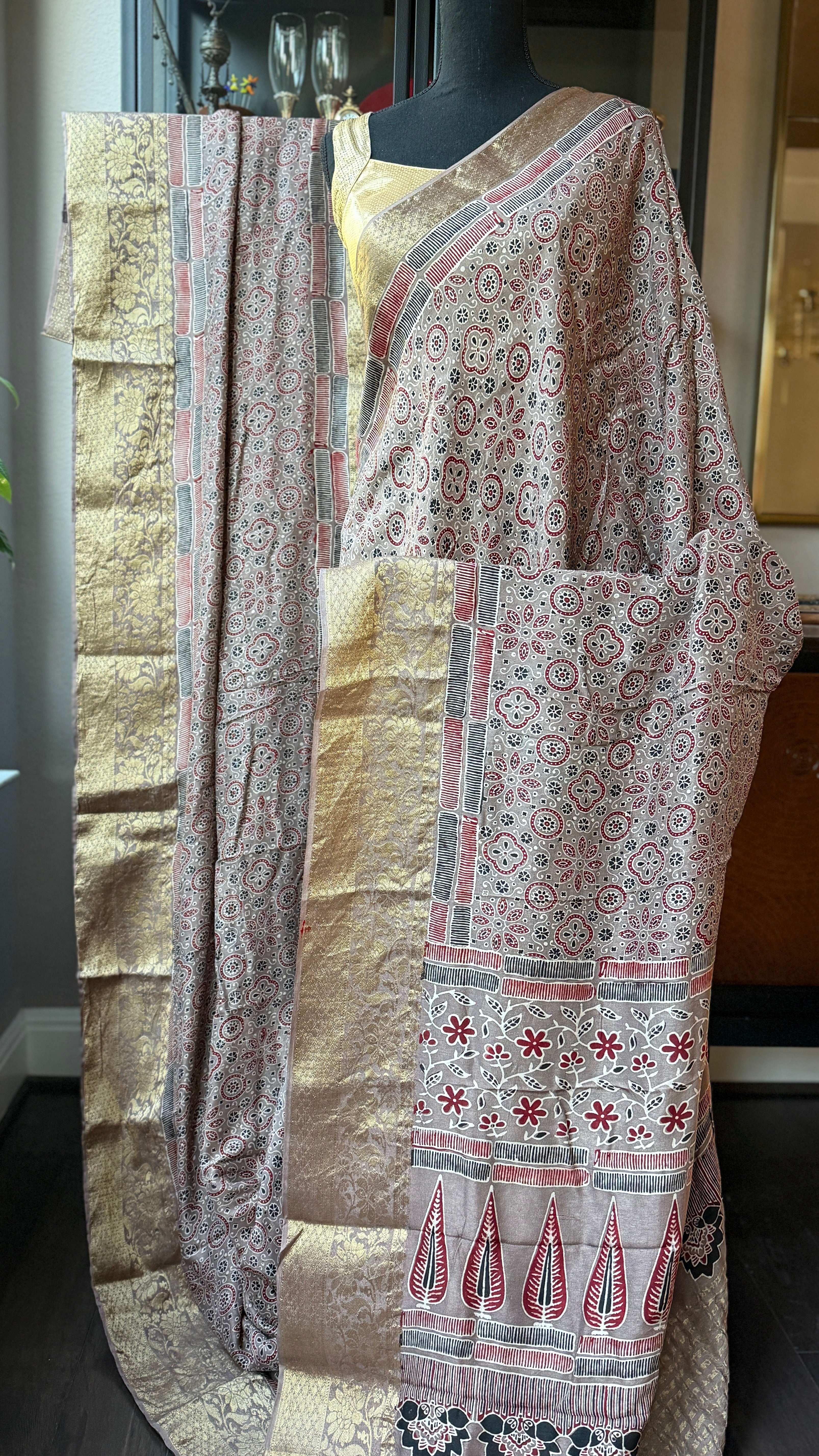 Dola Silk Ajrakh - Light Mocha Brown