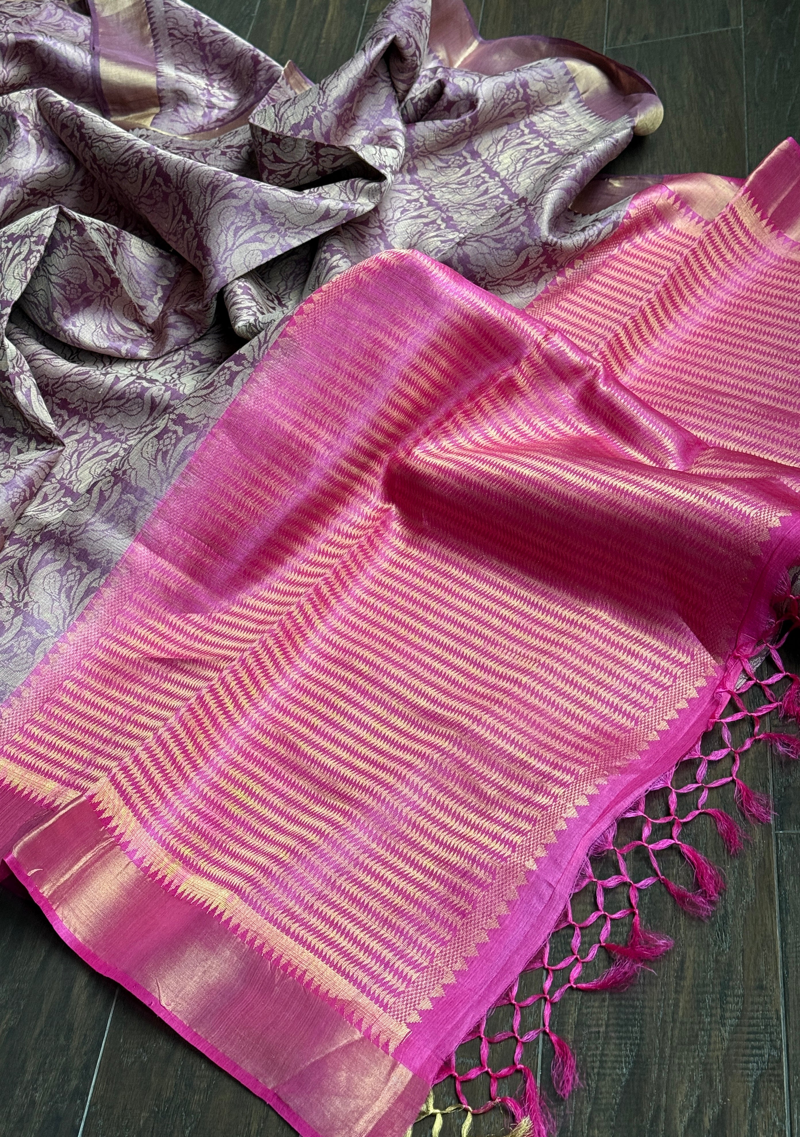 Tussar Silk - Purple Pink Resham Woven