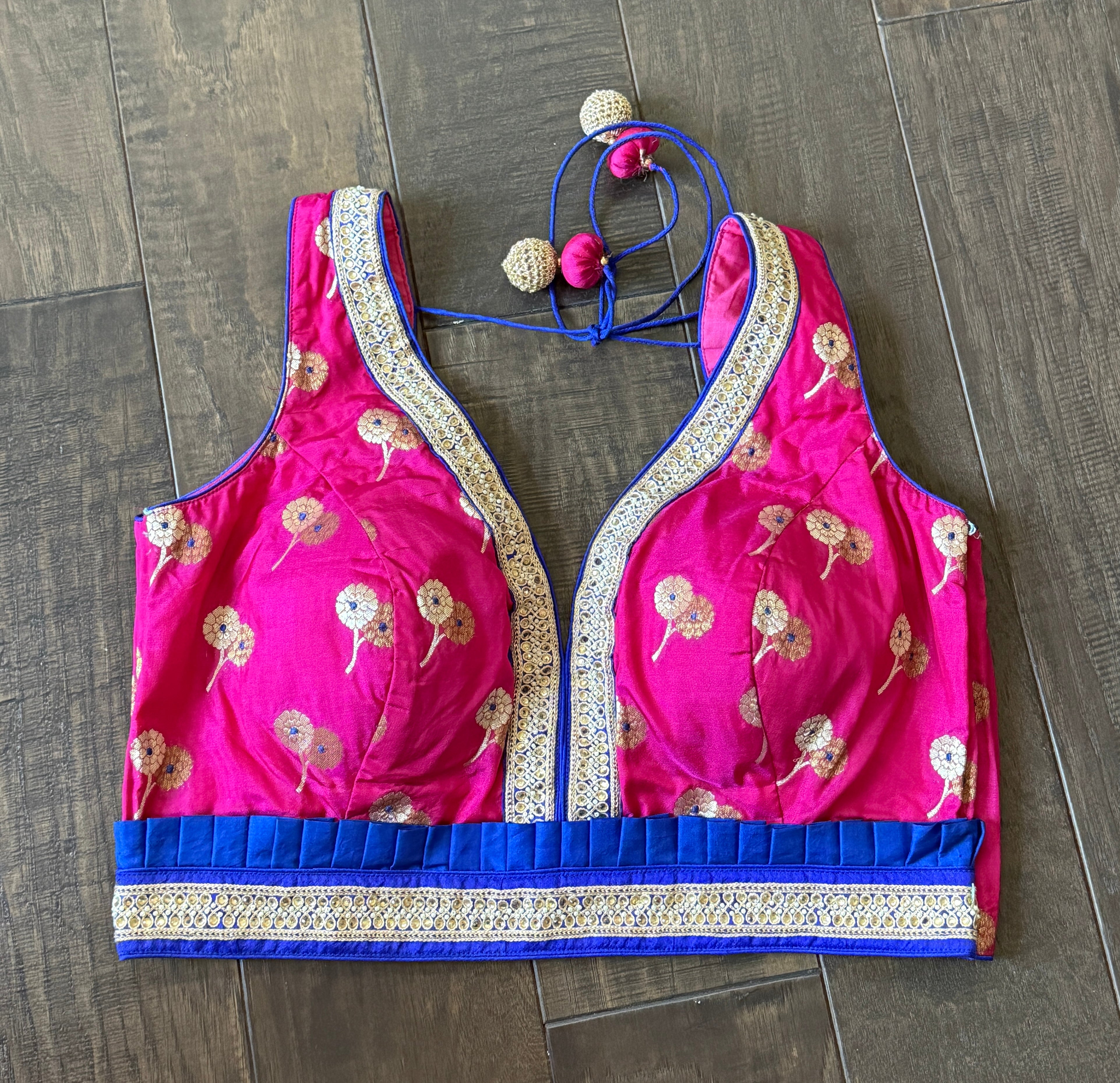 Designer Blouse - Pink Blue Golden Zari