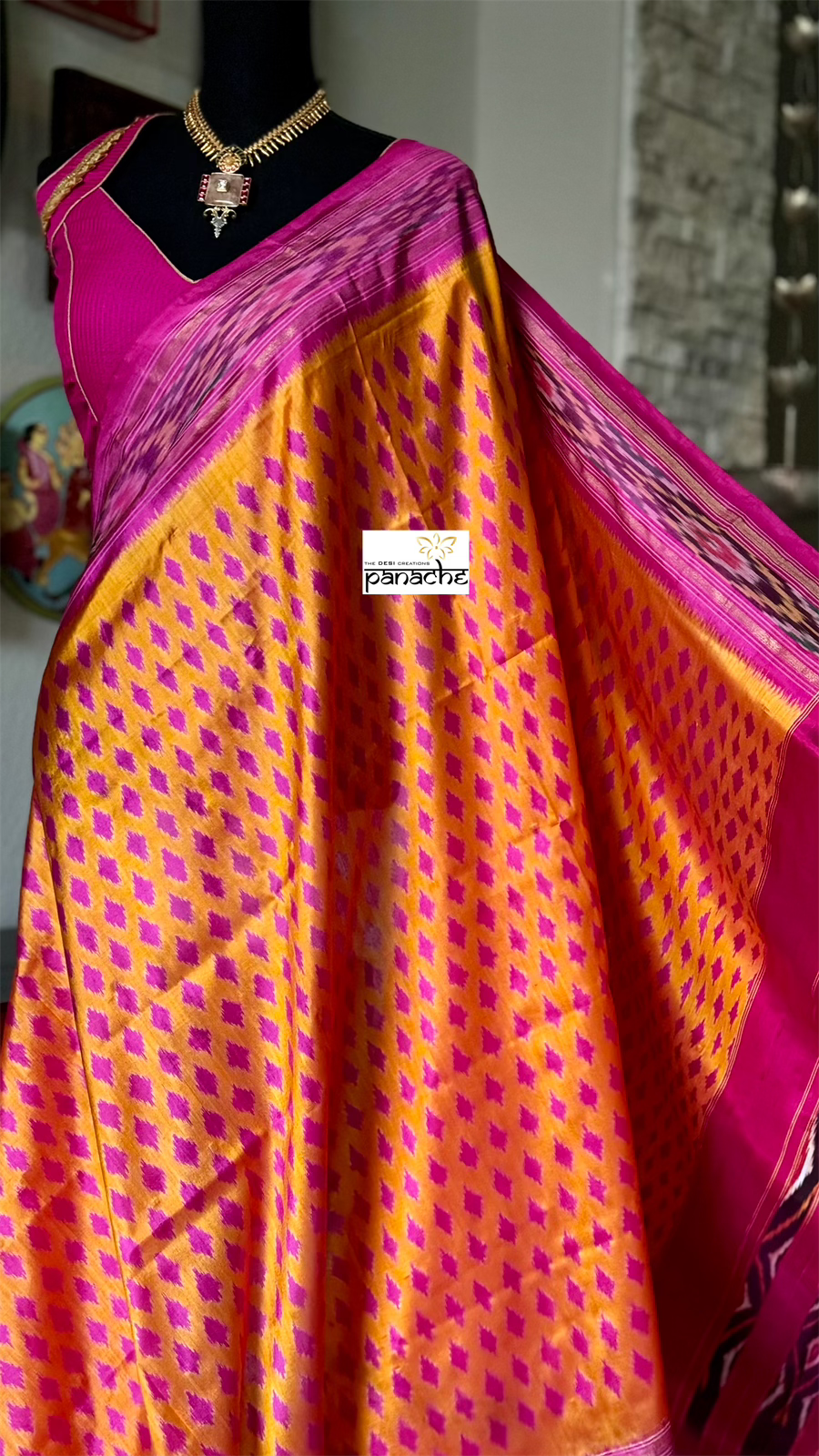 Pure Silk Sambalpuri Ikat - Orange Pink Pochampally