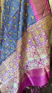 Pure Tussar Silk Digital Printed -  Blue Magenta Patola