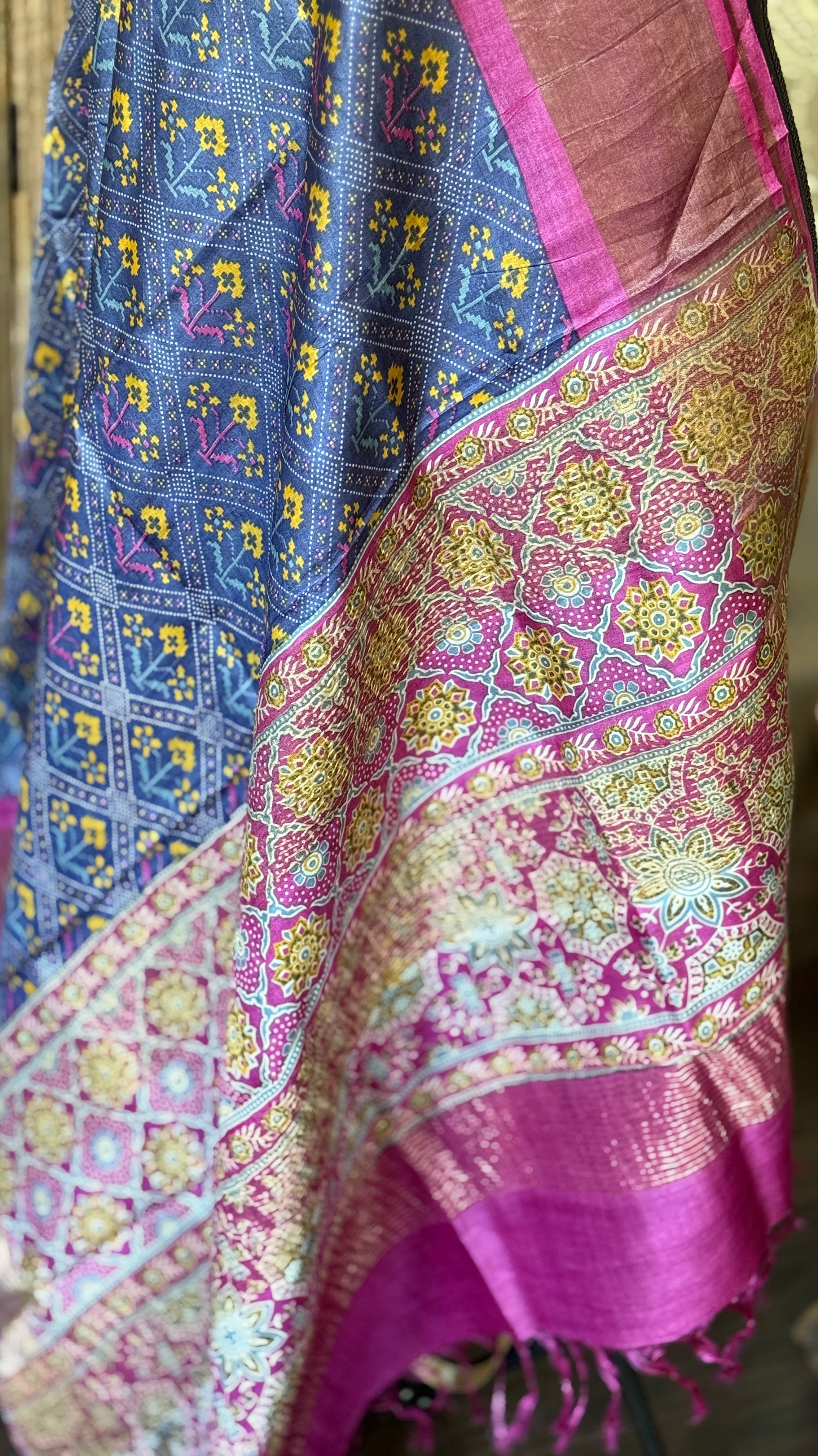 Pure Tussar Silk Digital Printed -  Blue Magenta Patola