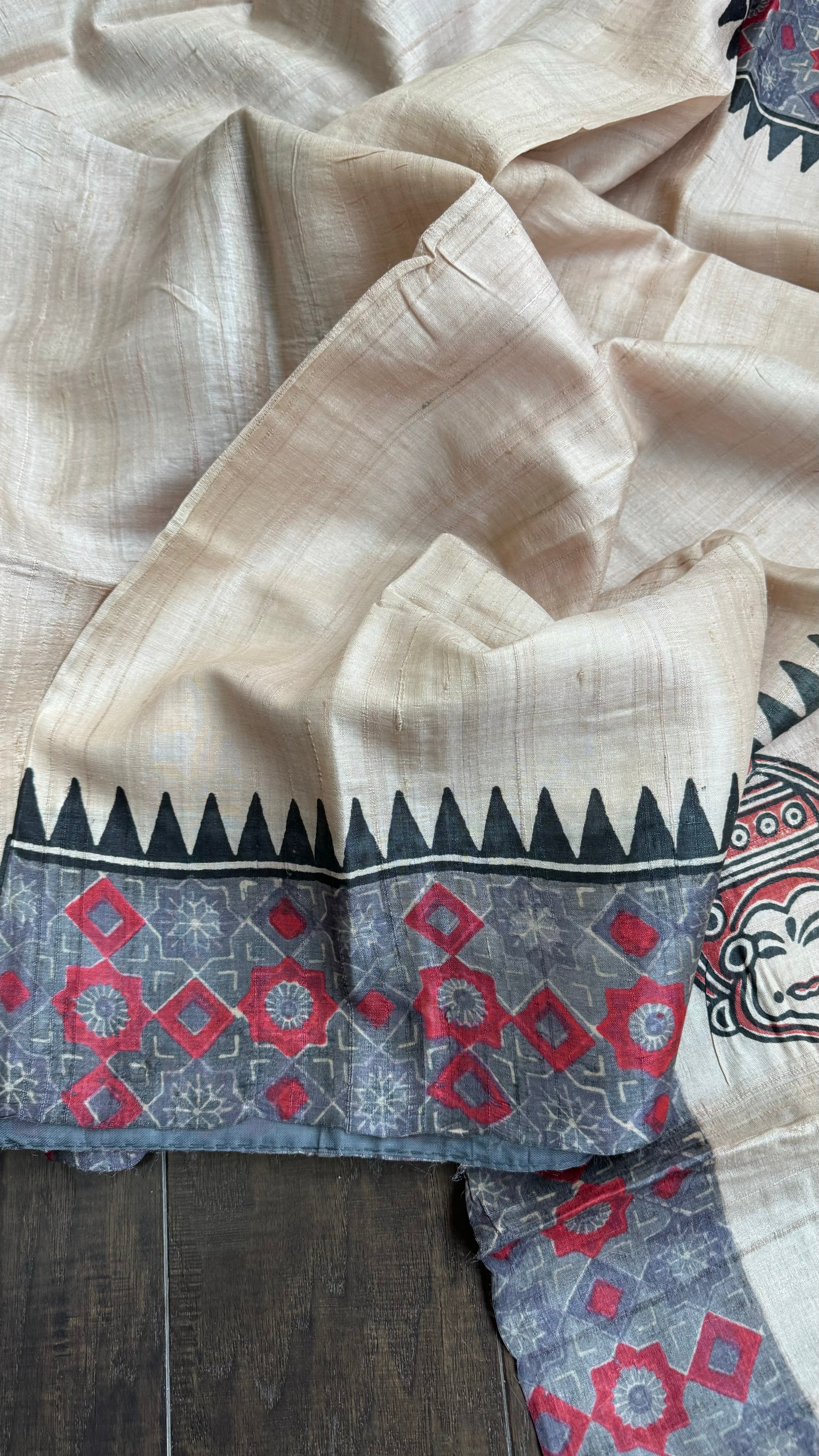 Pure Tussar Silk - Beige Grey Red Hand-Block Printed