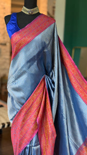 Pure Silk Brocade Banarasi - Blue Red