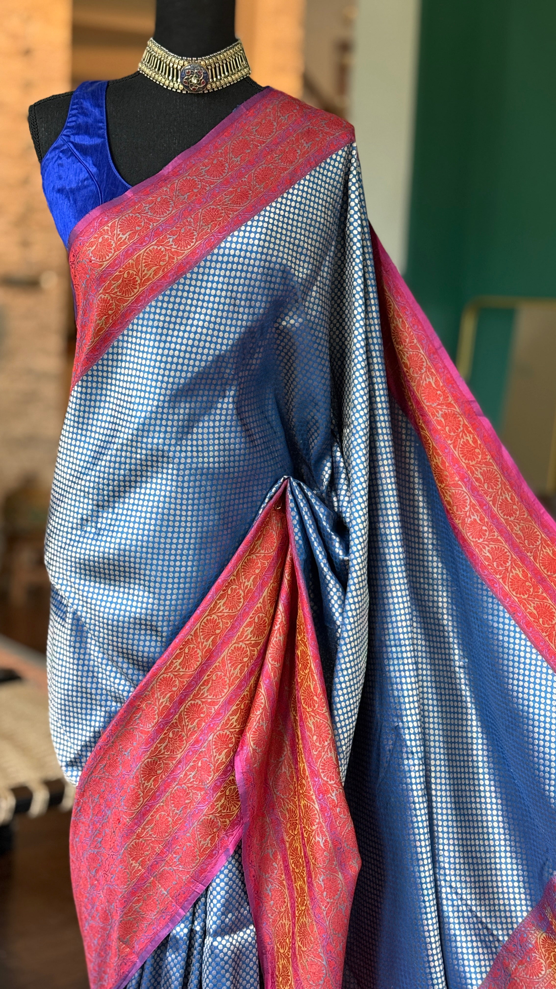 Pure Silk Brocade Banarasi - Blue Red