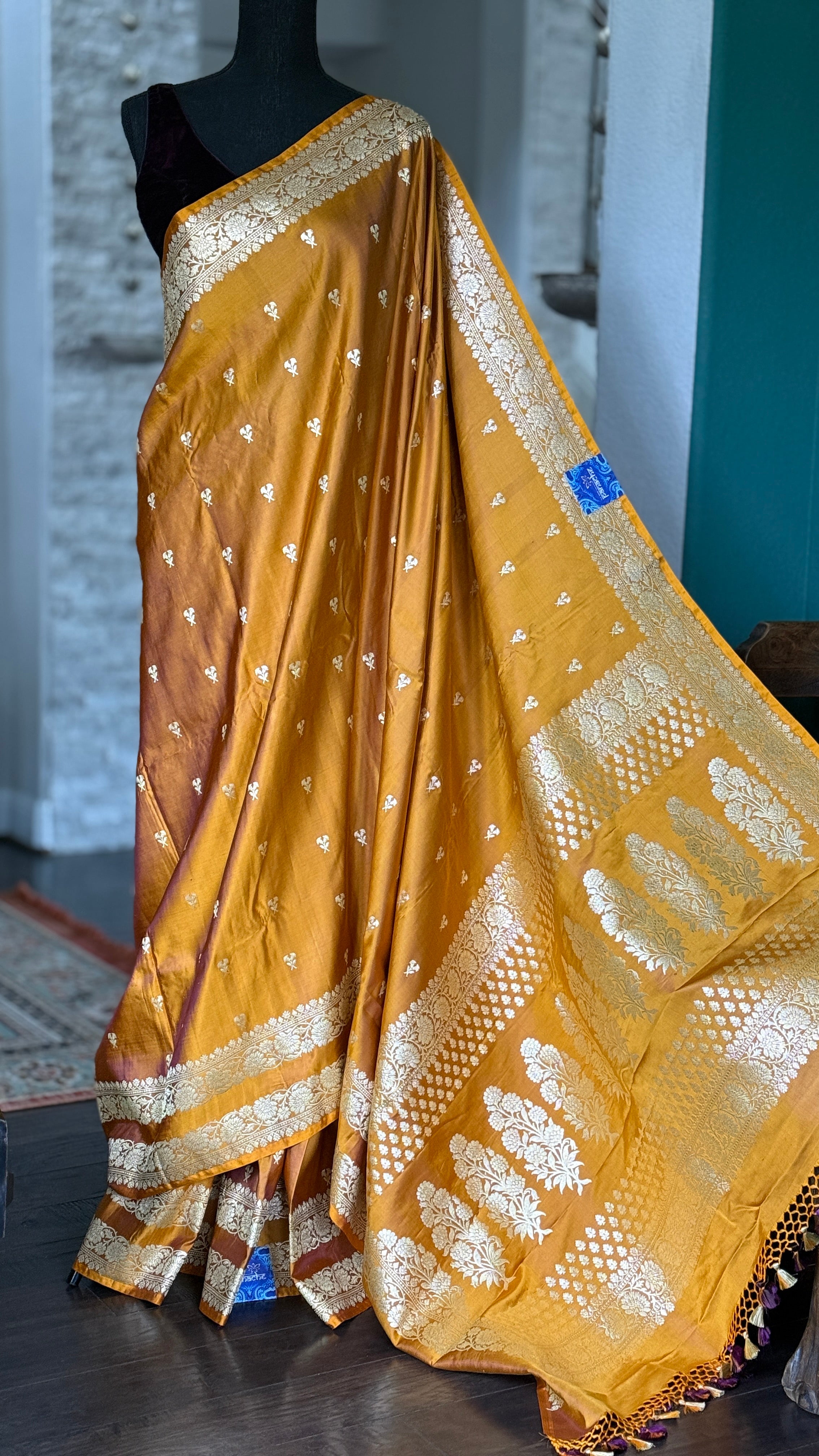 Pure Silk Mashru Banaras i- Golden Ochre Yellow