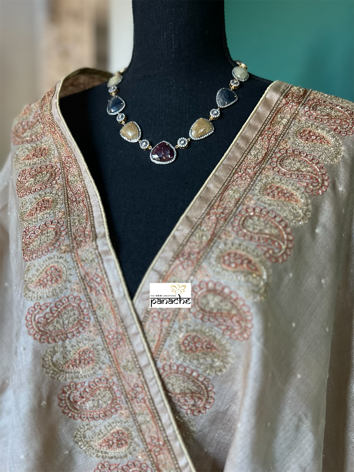 Pure Tussar Silk - Beige Embroidered