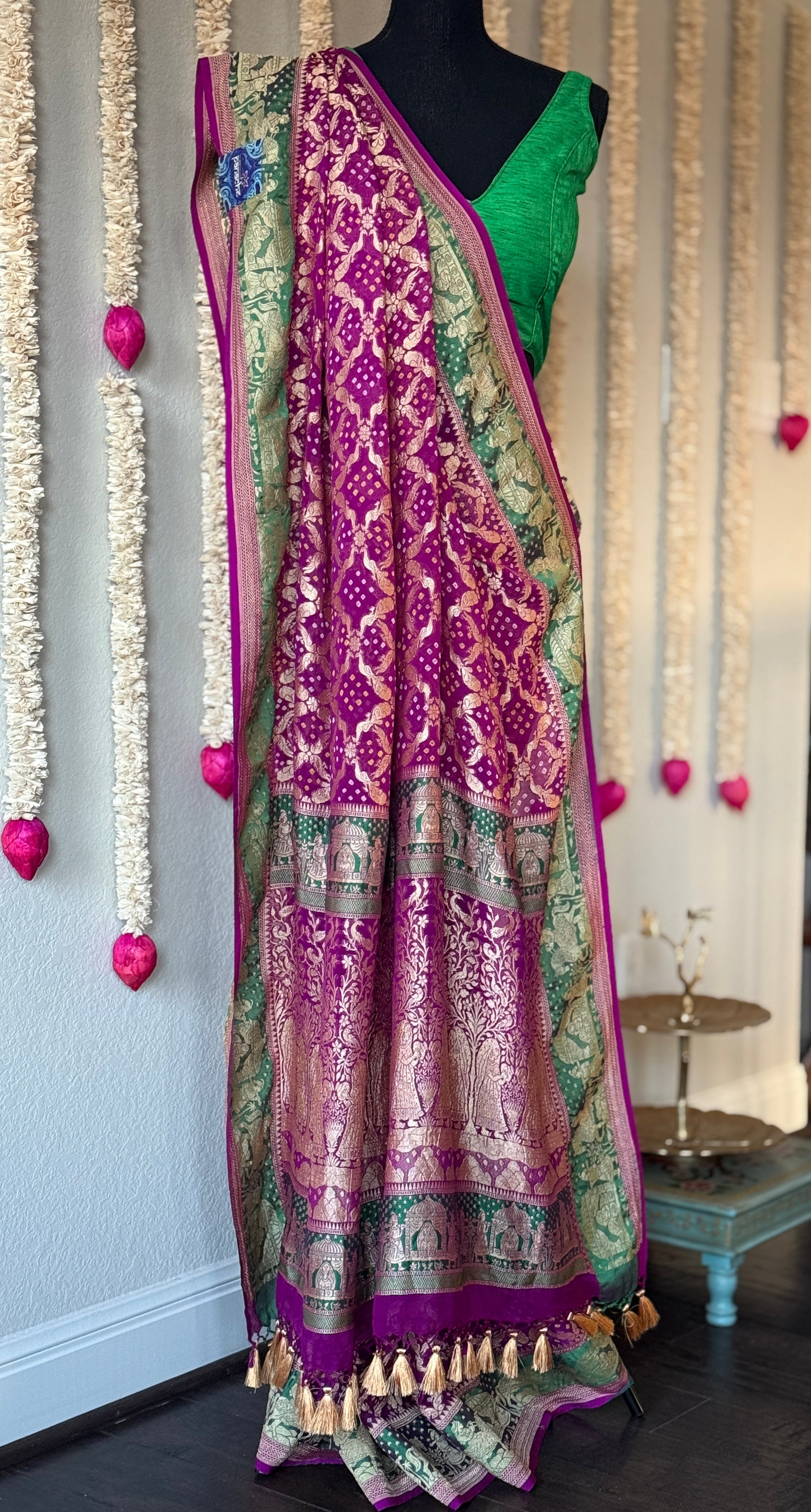Bandhej Khaddi Georgette Banarasi - Purple Green