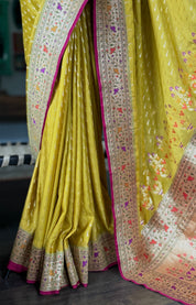 Khaddi Georgette Banarasi - Ochre Yellow Mahendi Paithani