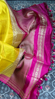 Pure Silk Mashru Banarasi- Yellow Magenta Pink Red