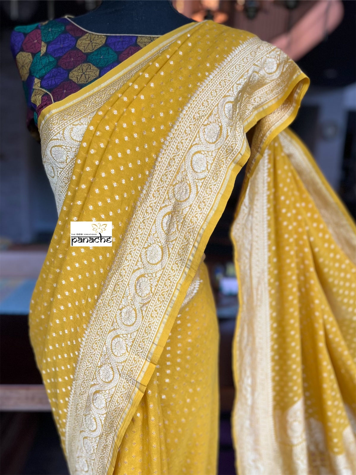 Khaddi Georgette Banarasi - Yellow Bandhej