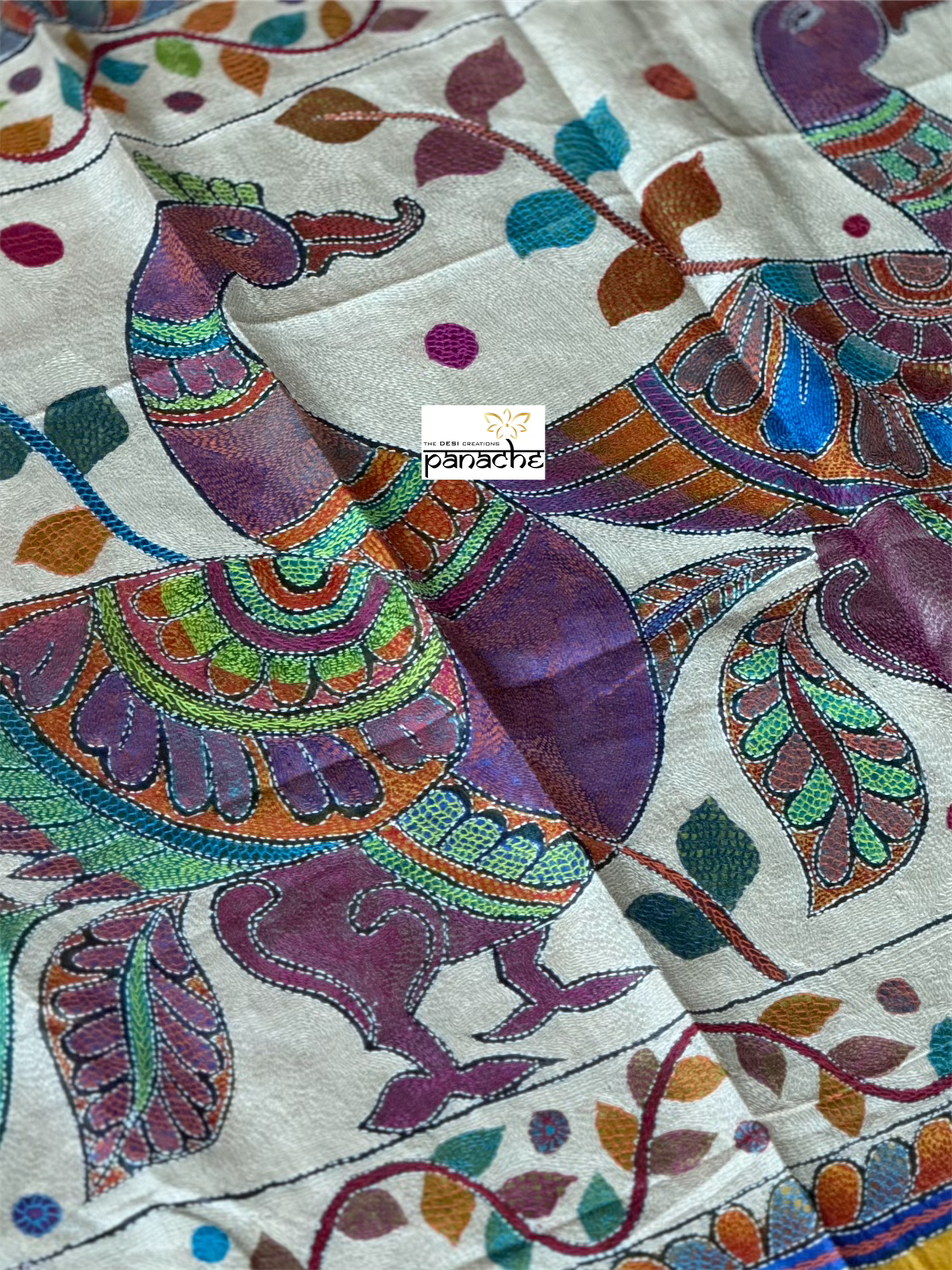 Pure Tussar Silk Sujni Kantha Stitch -  Yellow Peacock