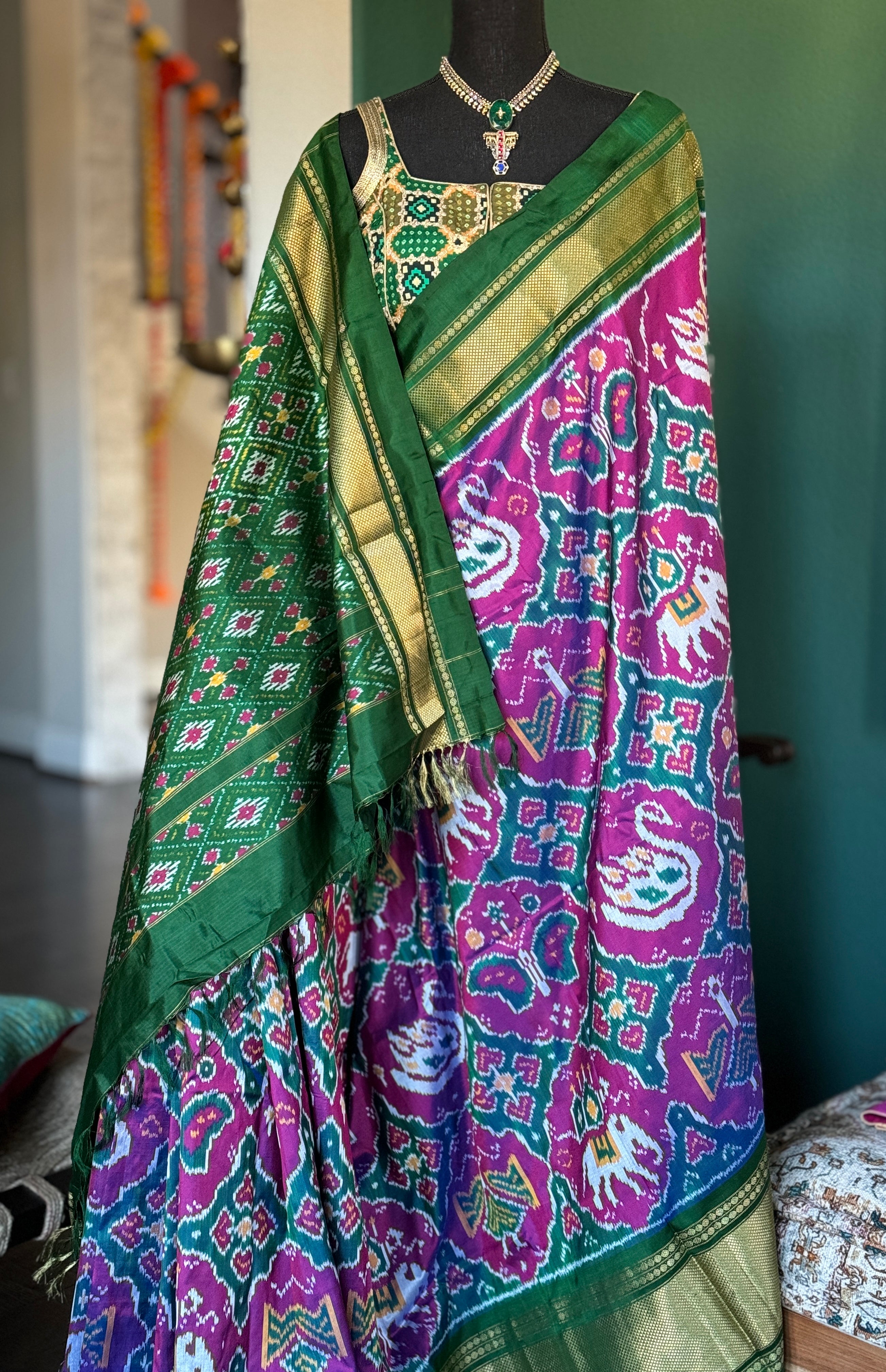 Pure Silk Ikat -  Green Magenta Pochampally