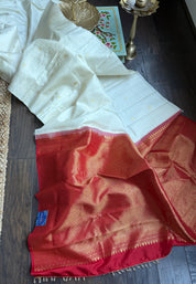 Pure Silk Borderless Kanjivaram - Off White Red Woven