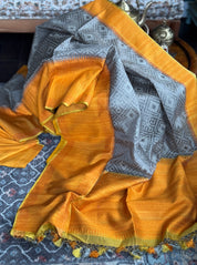 Kora Tussar Jamdani Banarsi - Grey Orange Golden Zari