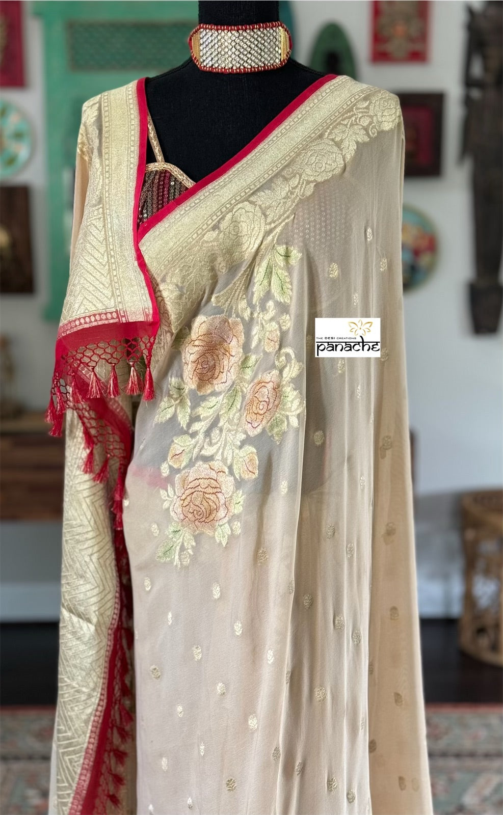 Khaddi Georgette Banarasi - Tan Beige Red