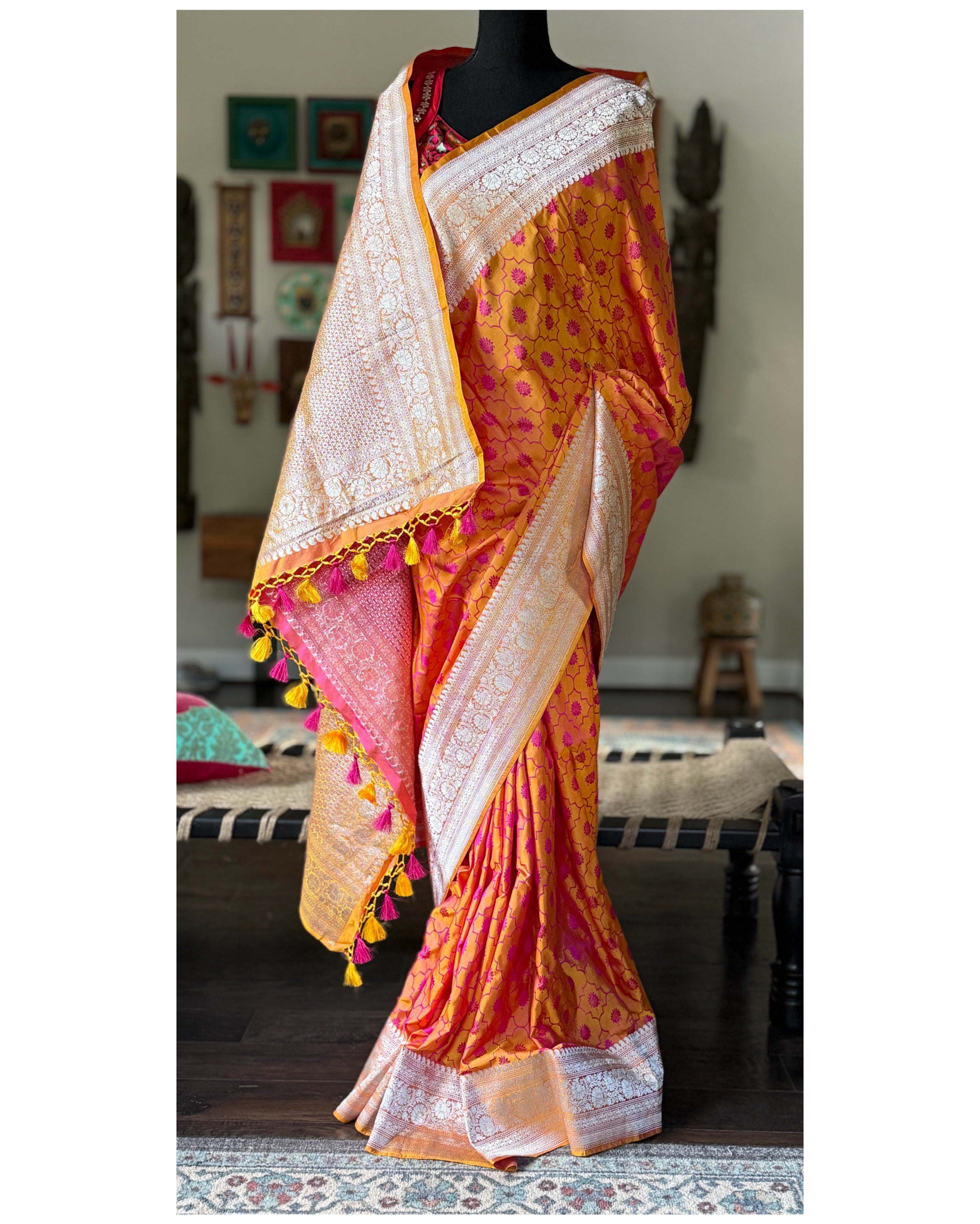 Pure Silk Mashru Silk Banarasi- Mustard Yellow Pink