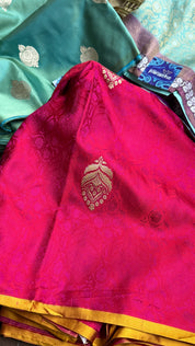 Designer Pure Silk Mashru Tanchoi Banarasi- Dark Magenta Yellow