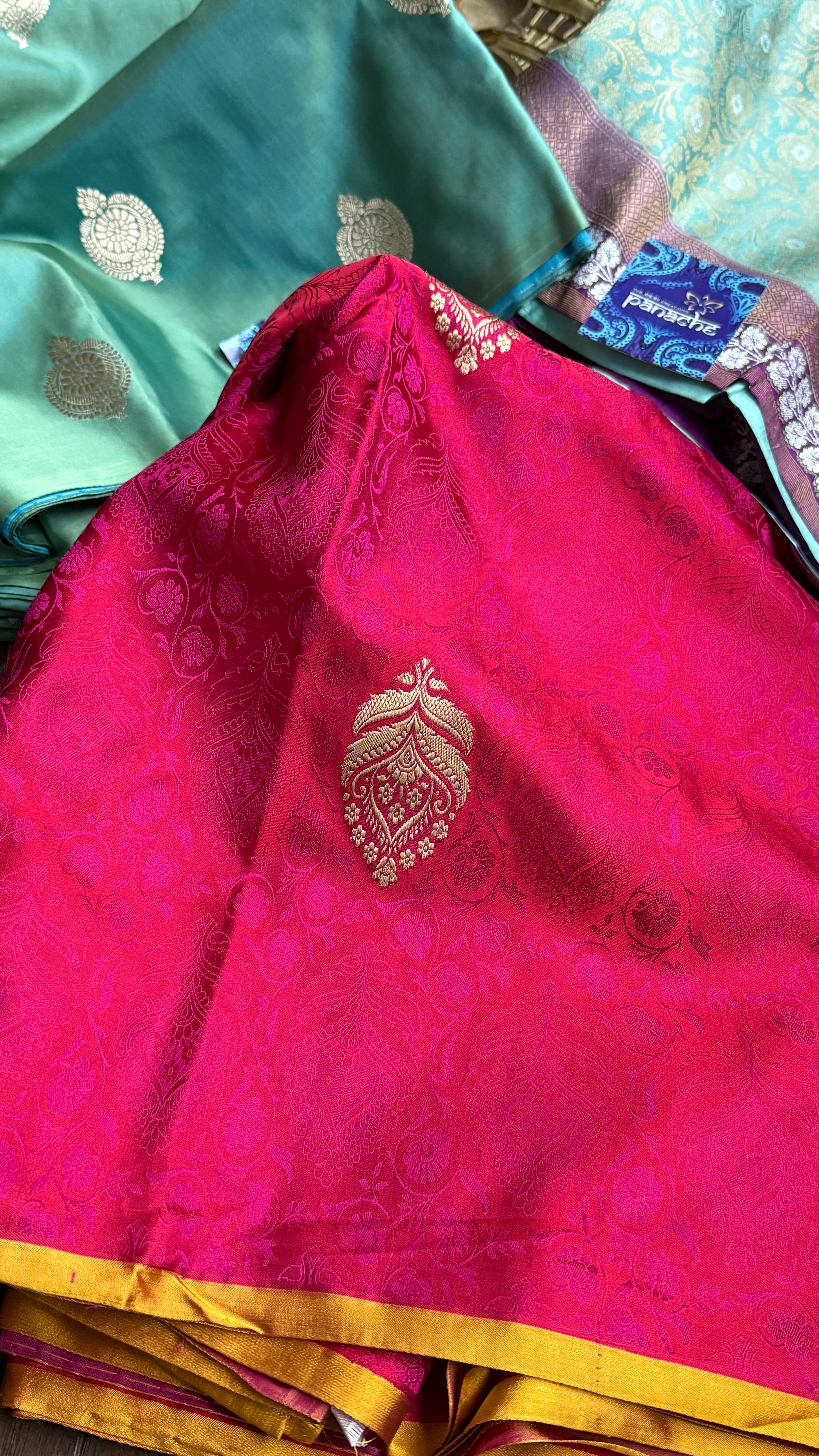 Designer Pure Silk Mashru Tanchoi Banarasi- Dark Magenta Yellow