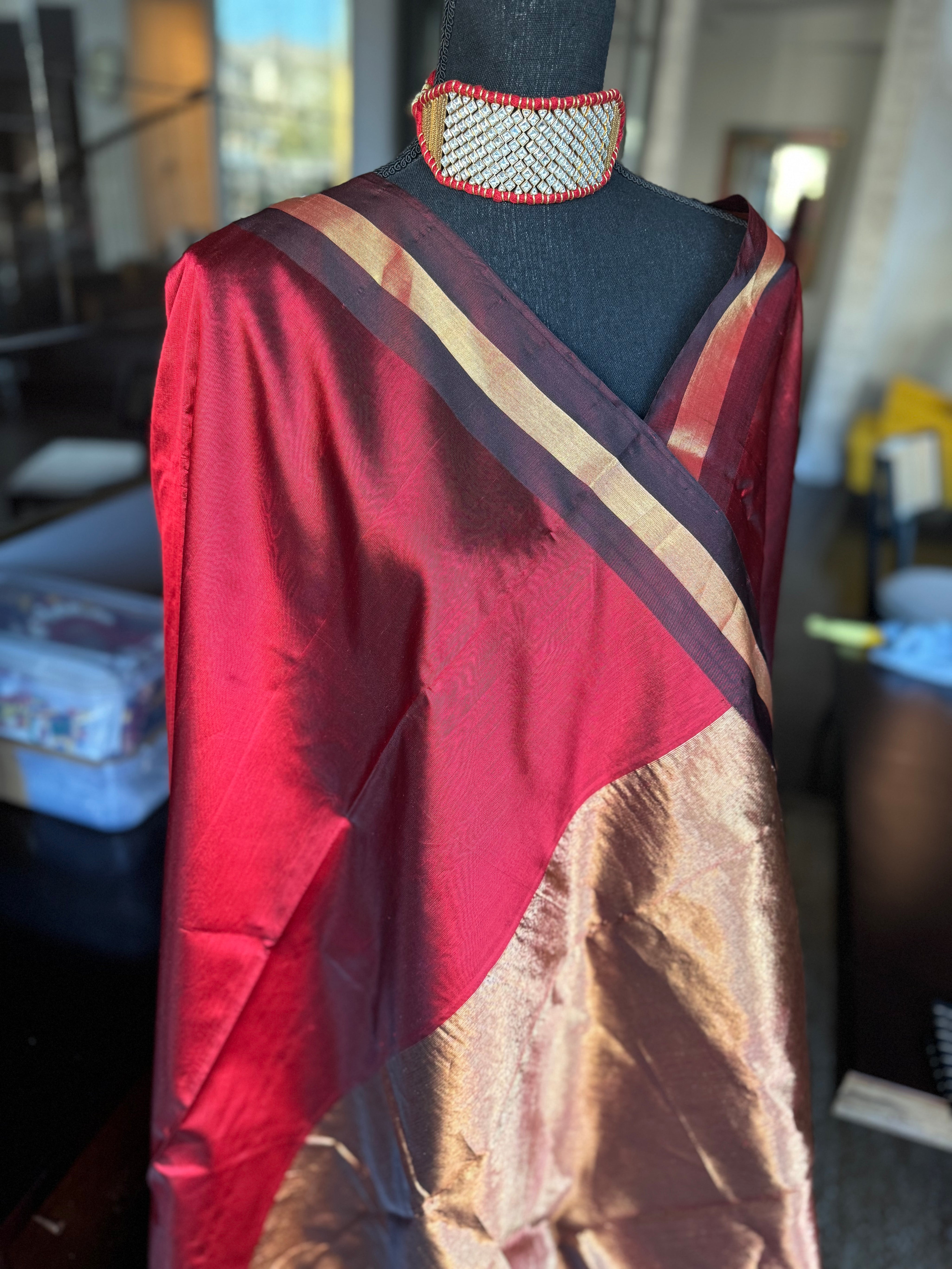 Pure Chanderi Pattu Mashru Silk - Red Black Gold Zari Striped woven