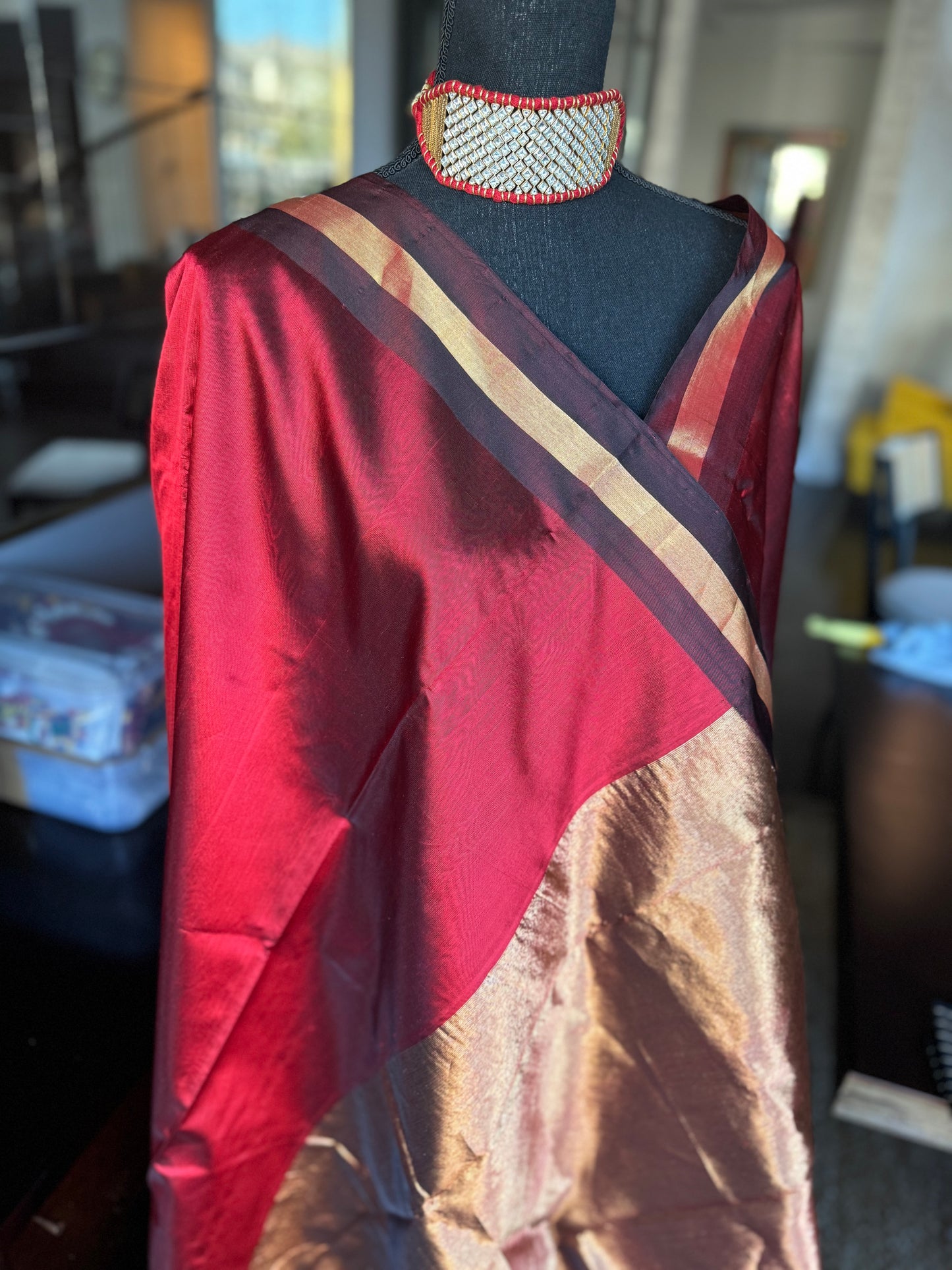 Pure Chanderi Pattu Mashru Silk - Red Black Gold Zari Striped woven