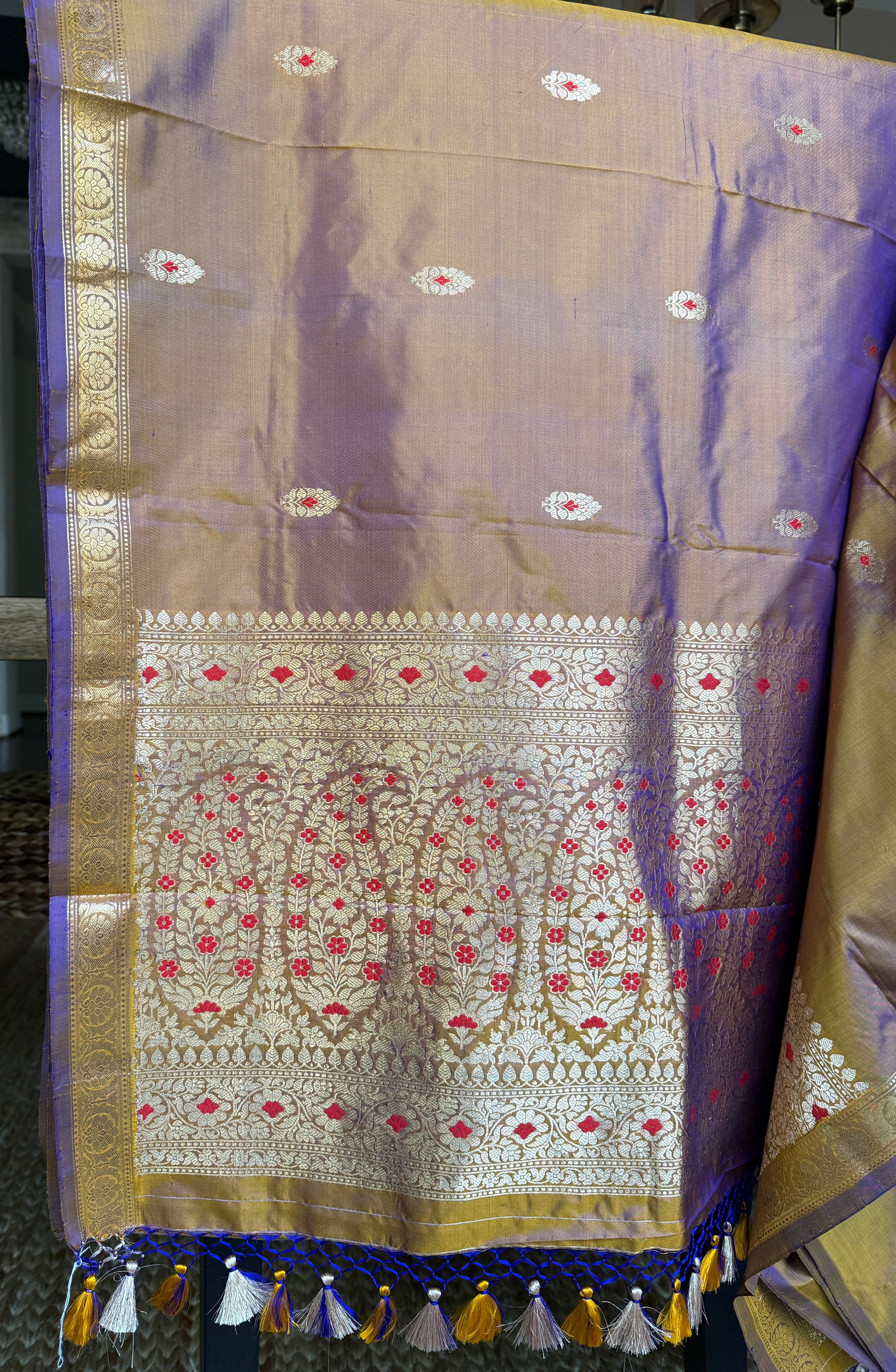 Pure Katan Silk Banarasi - Brown Purple Dual Shaded