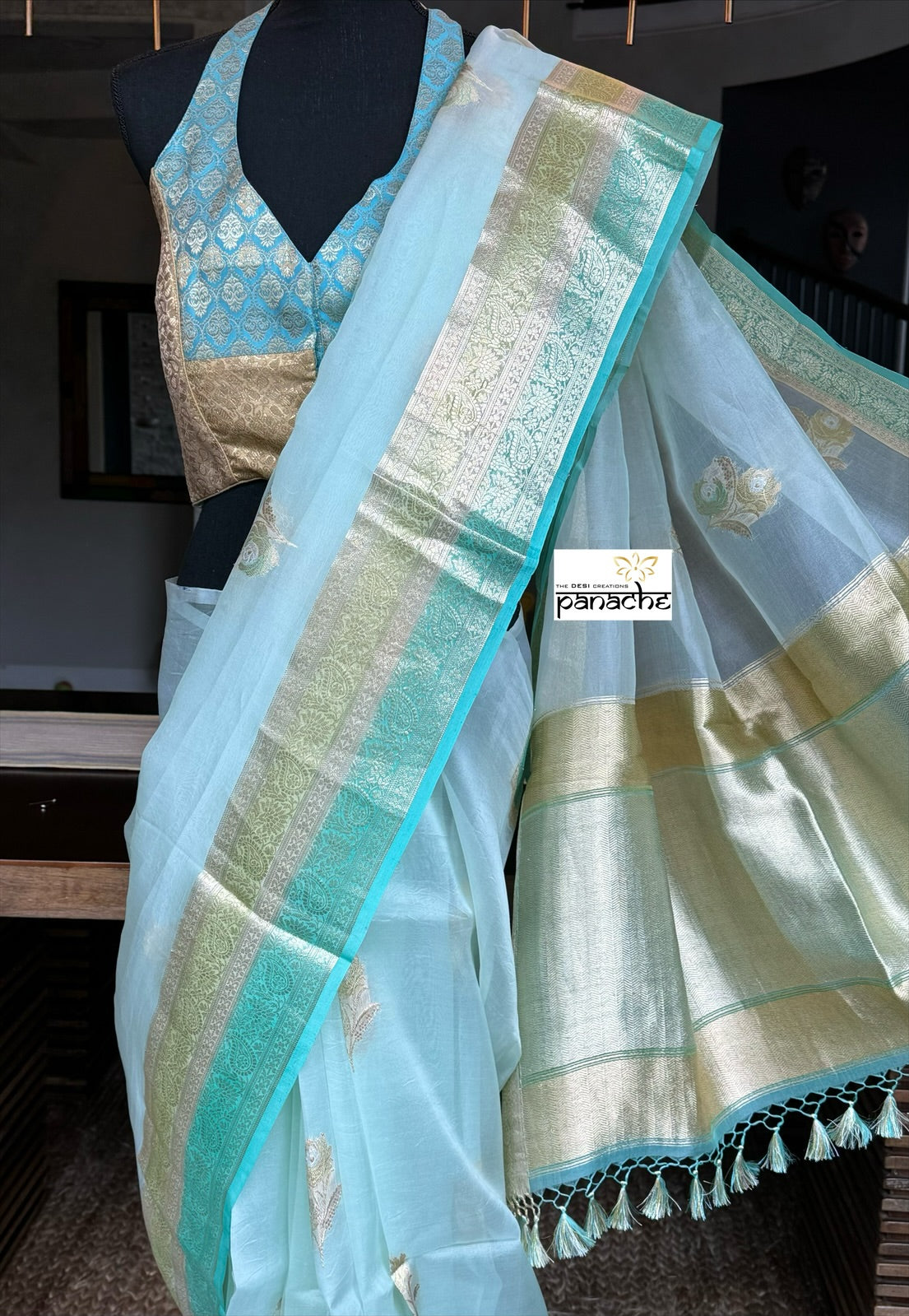 Organza Silk Banarsi - Mint Blue Kadwa