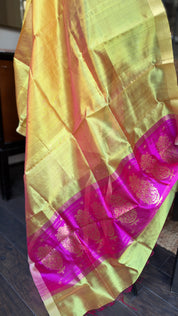 Pure Silk Chanderi Dupatta - Yellow Pink Handwoven